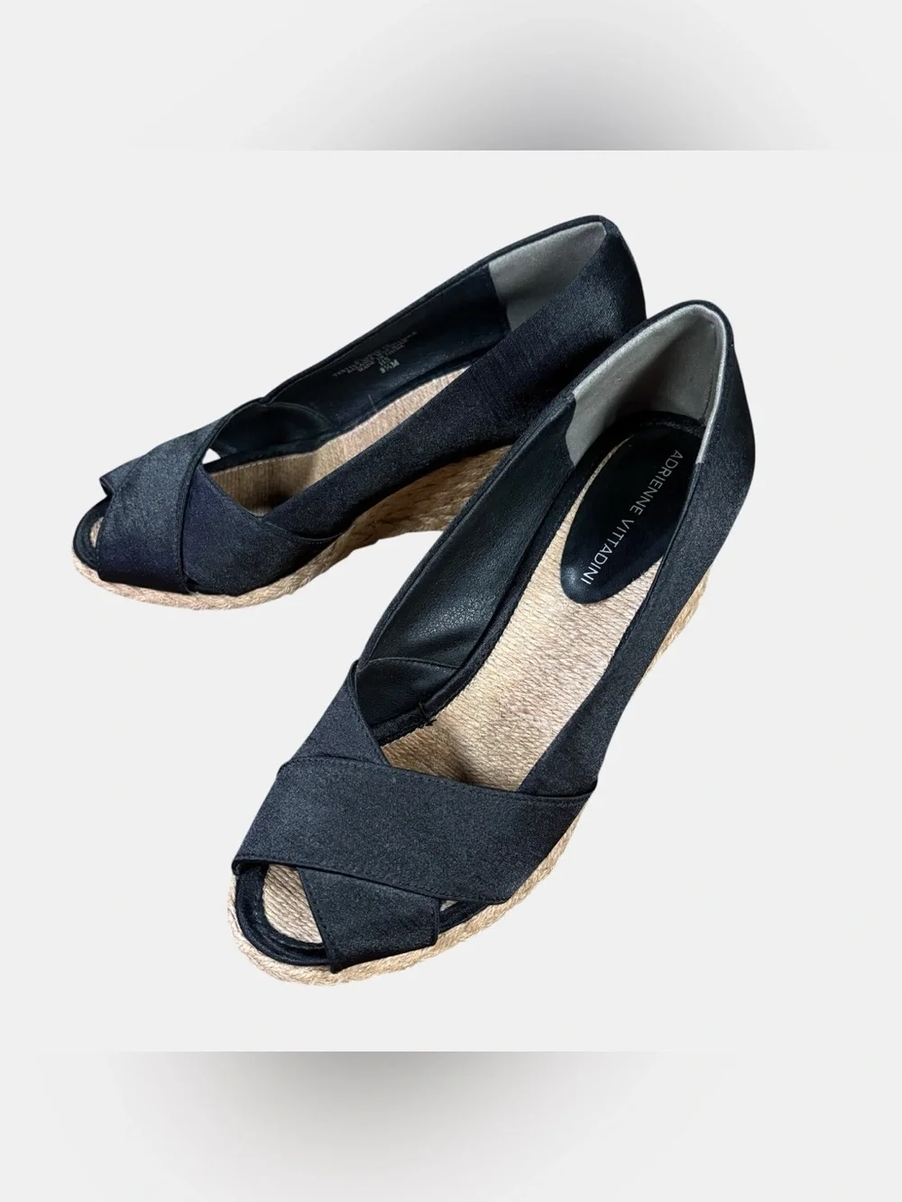 Adrienne Vittadini AV Bailey Black Satin Espadrille Wedge Peep Toe Women’s 8.5
